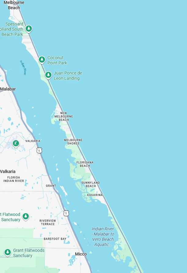 Dolphin Mobile Detail - Melbourne Beach Mobile Detailing Map Map showing the mobile car detailing and interior cleaning service area for Dolphin Mobile Detail in Melbourne Beach, FL